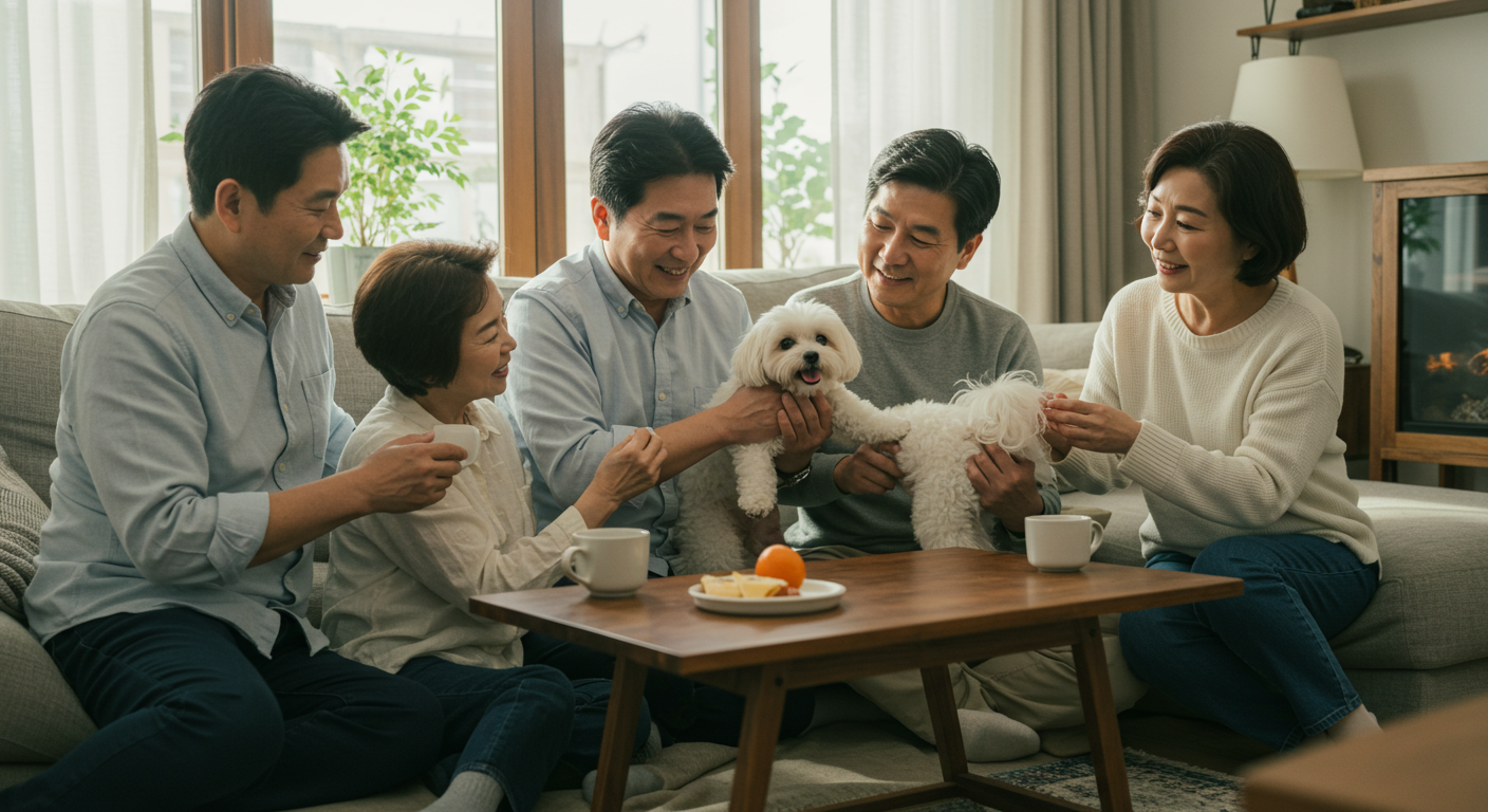 가정에서 반려견과 함께 시간을 보내며 장기적인 관심과 사랑을 주는 한국 가족의 일상적인 모습