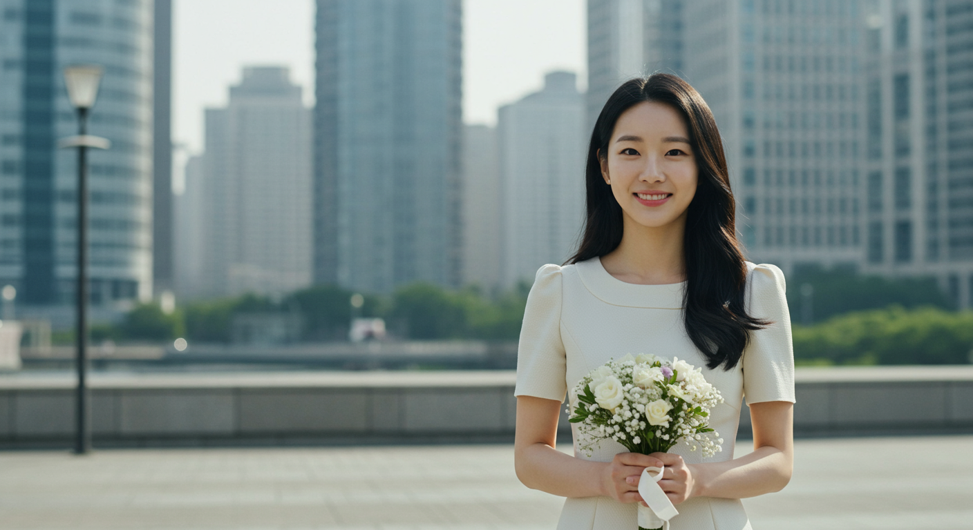 청순함과 섹시함을 지닌 여성이 도시 배경 앞에 서 있는 모습