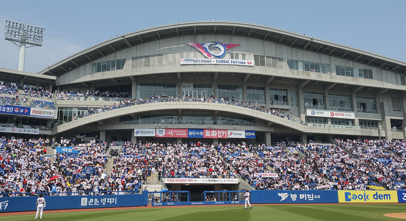 현대적인 야구 경기장에서 열정적으로 응원하는 관중과 다채로운 배너들