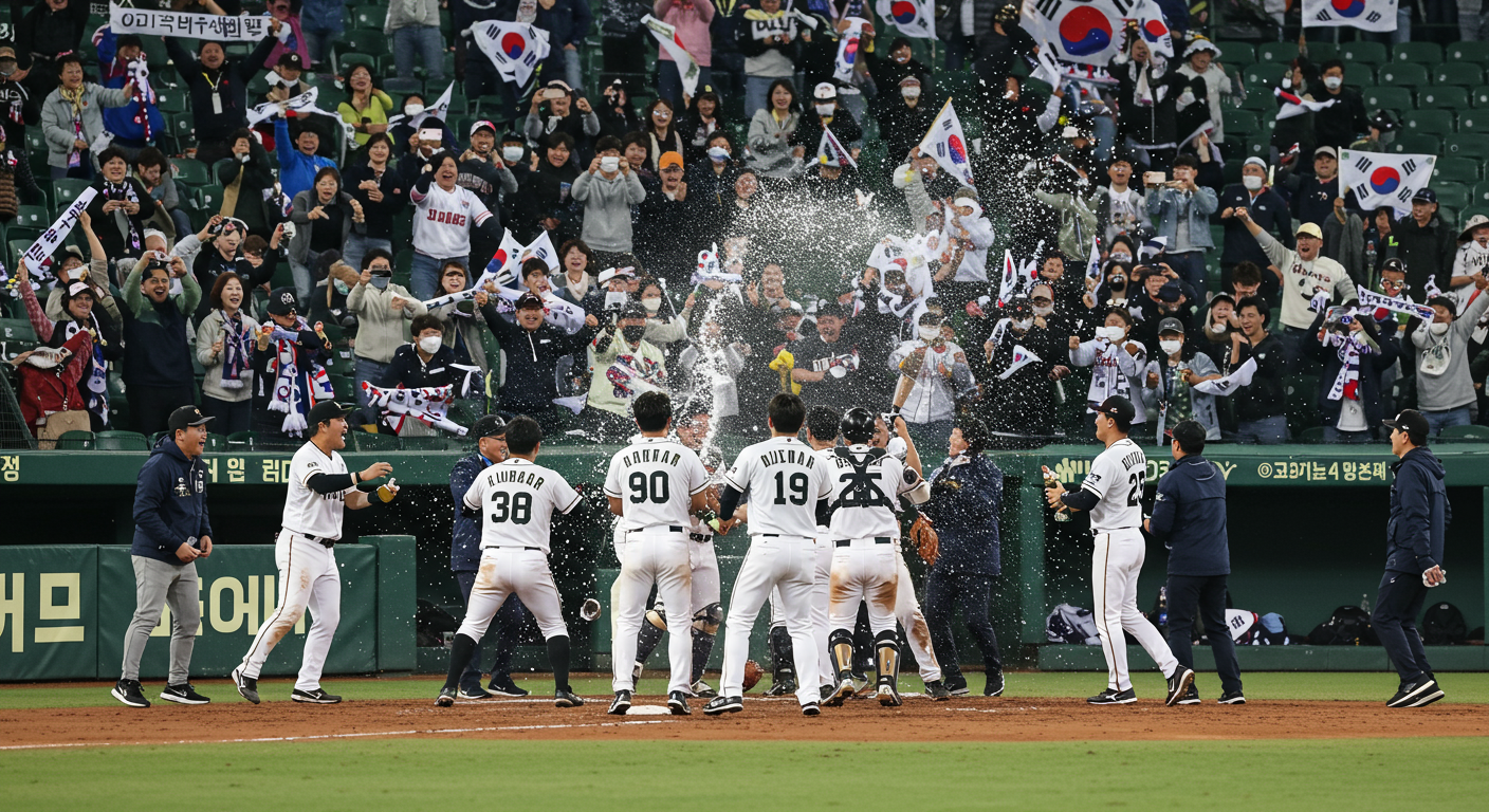 시즌 성공 후 환호하는 팬들과 함께 승리를 축하하는 한국 야구 팀 모습
