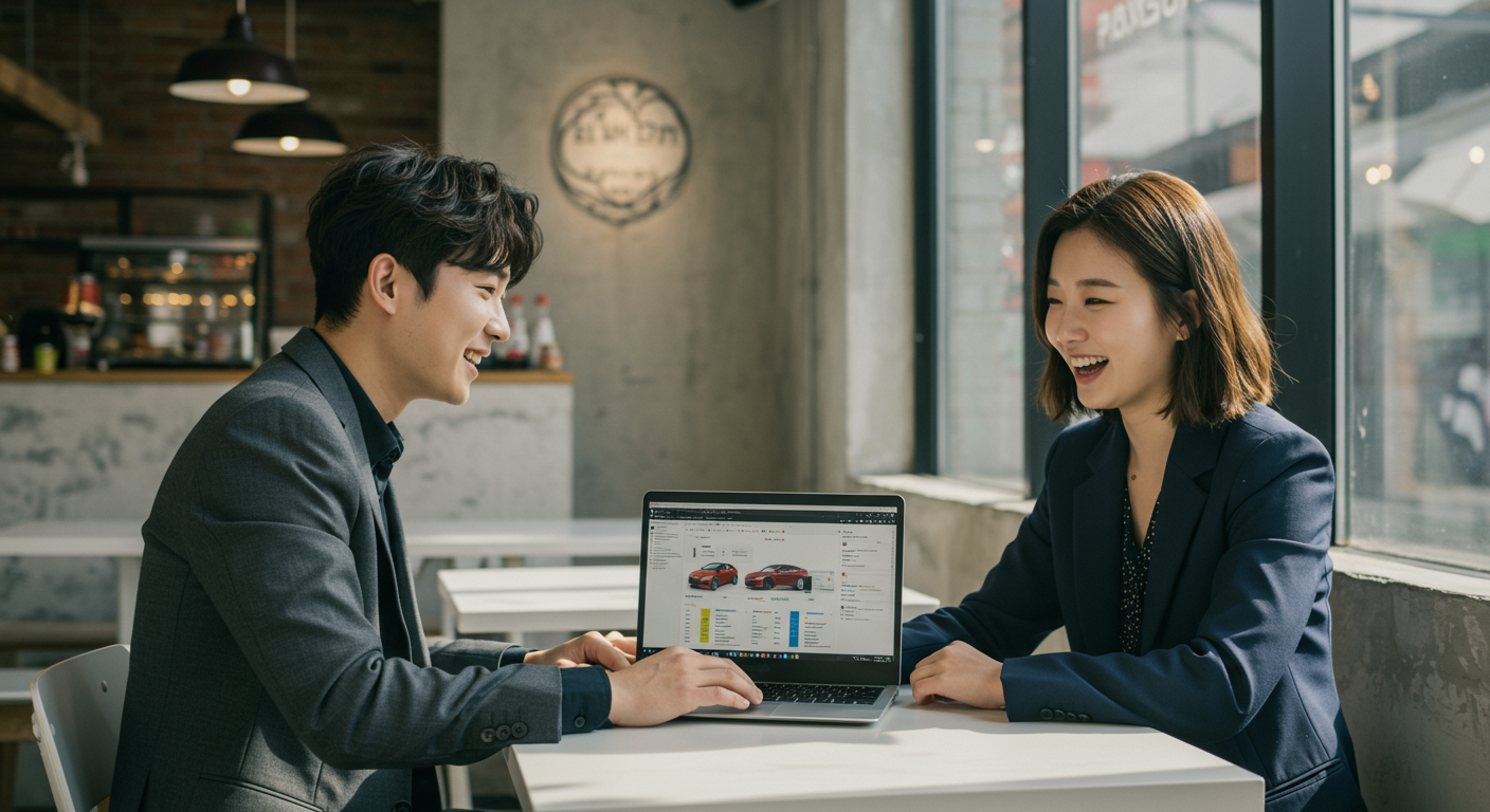 한국의 젊은 직장인들이 카페에서 노트북으로 자동차 비교 중인 장면