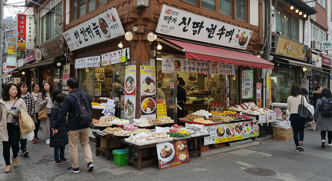 압구정 로데오 거리의 활기찬 풍경과 전통 떡집 모습