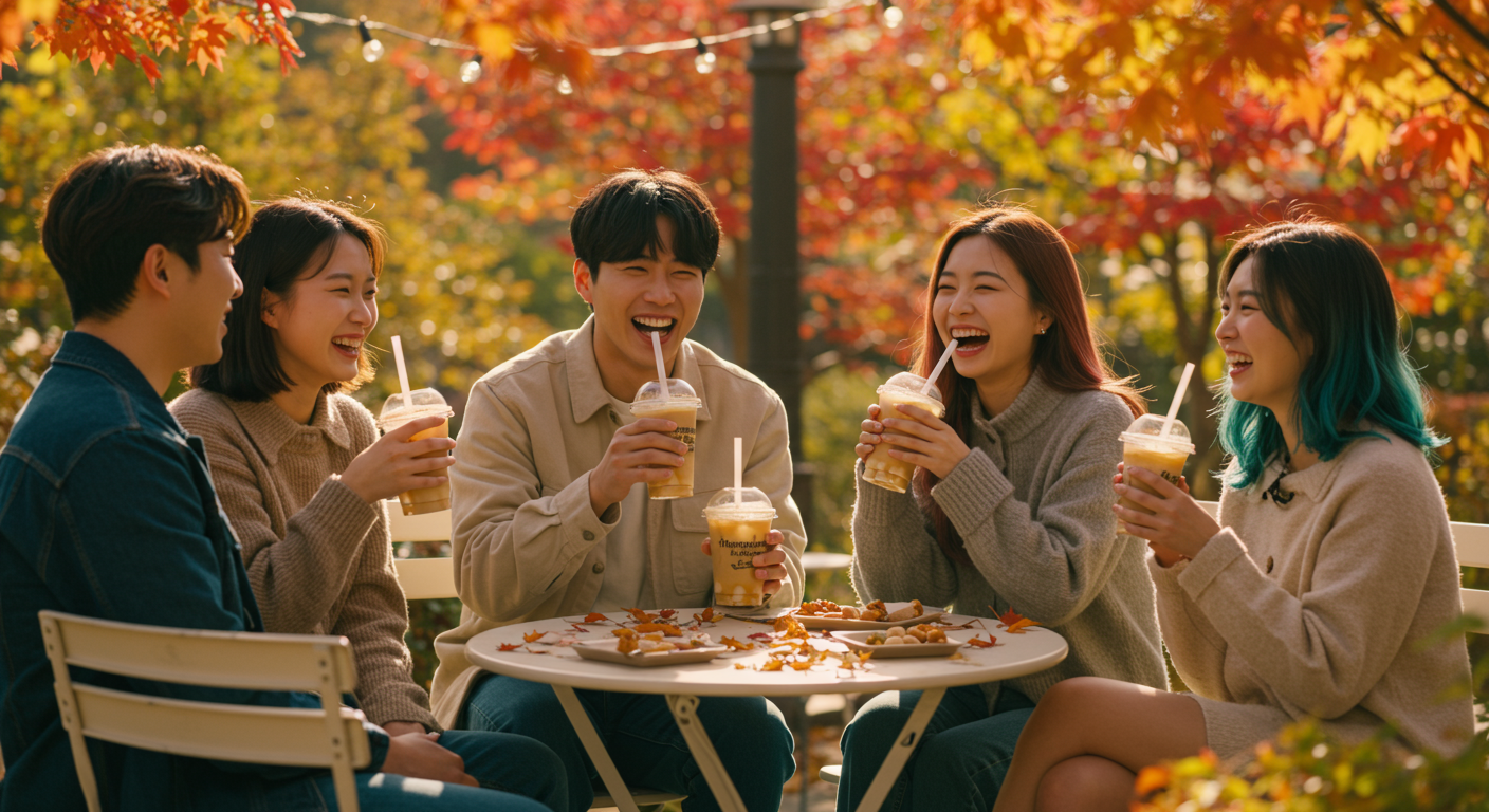 가을날 야외 카페에서 프라페를 즐기는 젊은이들