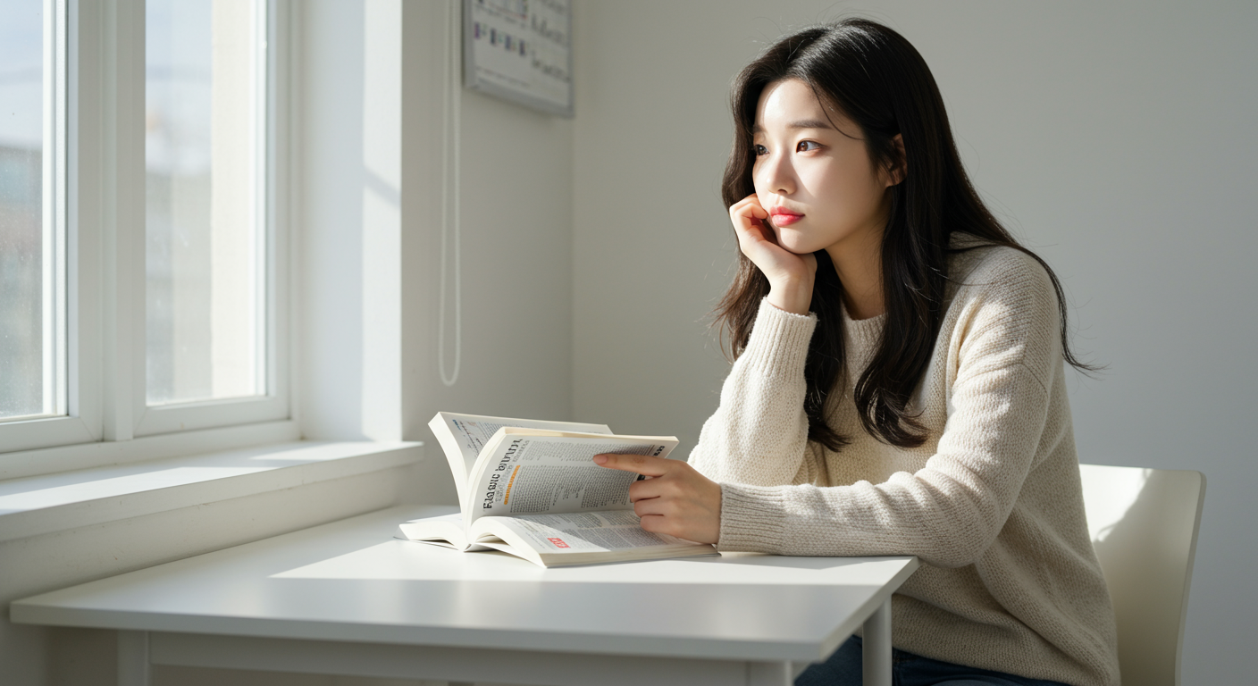 사전과 함께 책상에 앉아 생각에 잠긴 학생