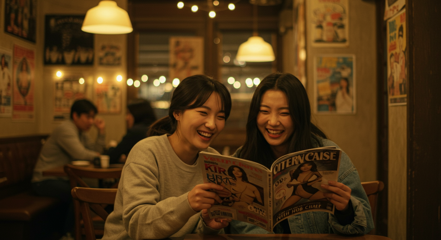 카페에서 살짝 아슬아슬한 잡지를 보고 웃고 있는 친구들