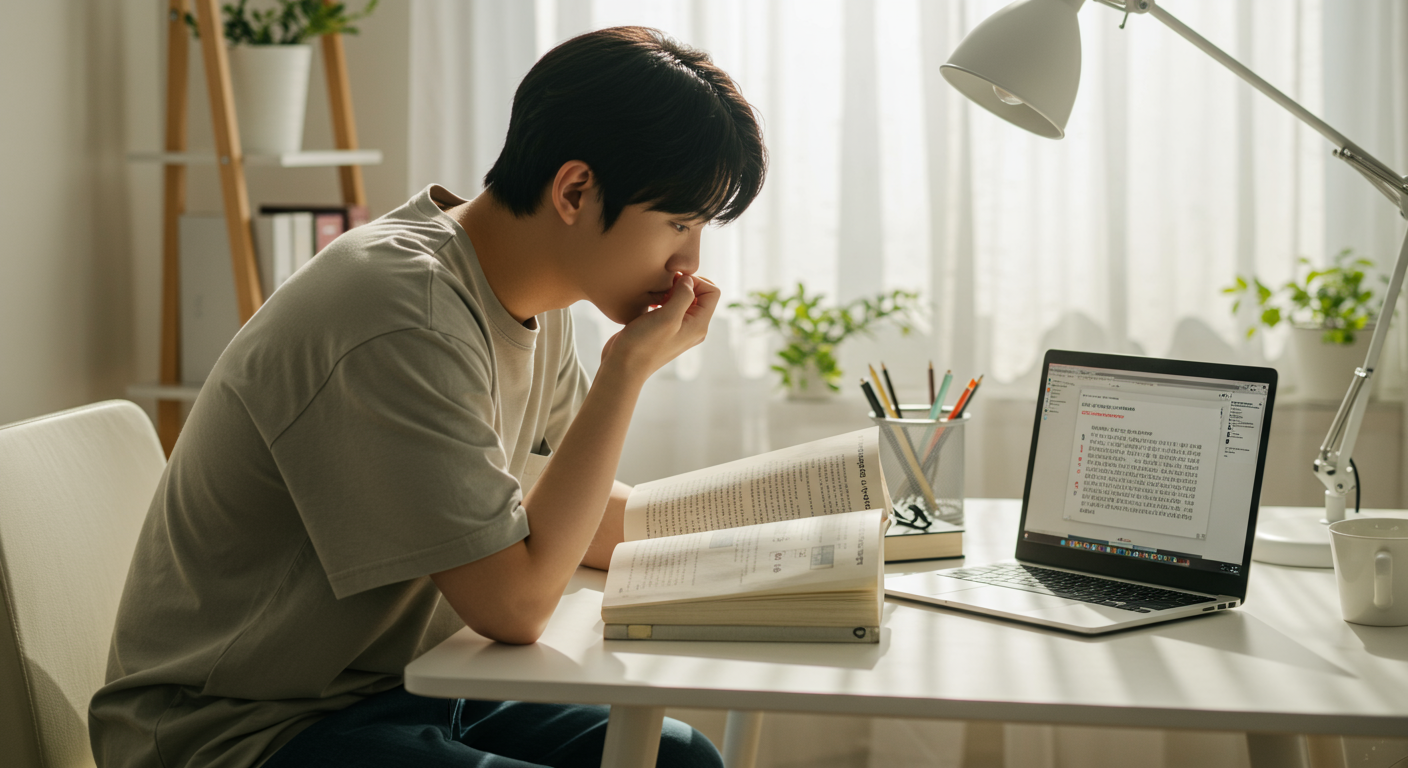 책상에 앉아 사전을 펼쳐두고 중국어 번역을 고민하는 현대인의 모습