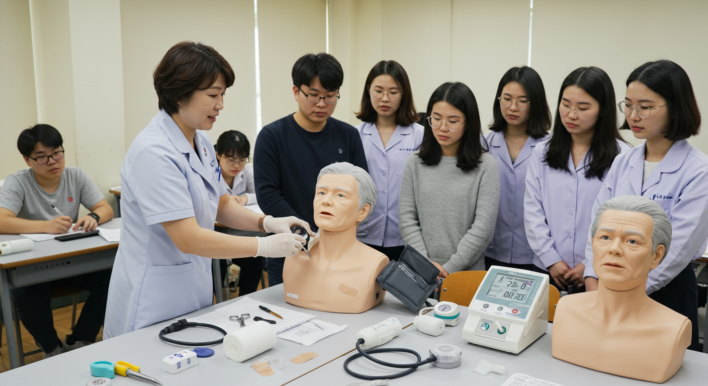 교실에서 강사가 학생들에게 노인 돌봄 기술을 설명하는 모습