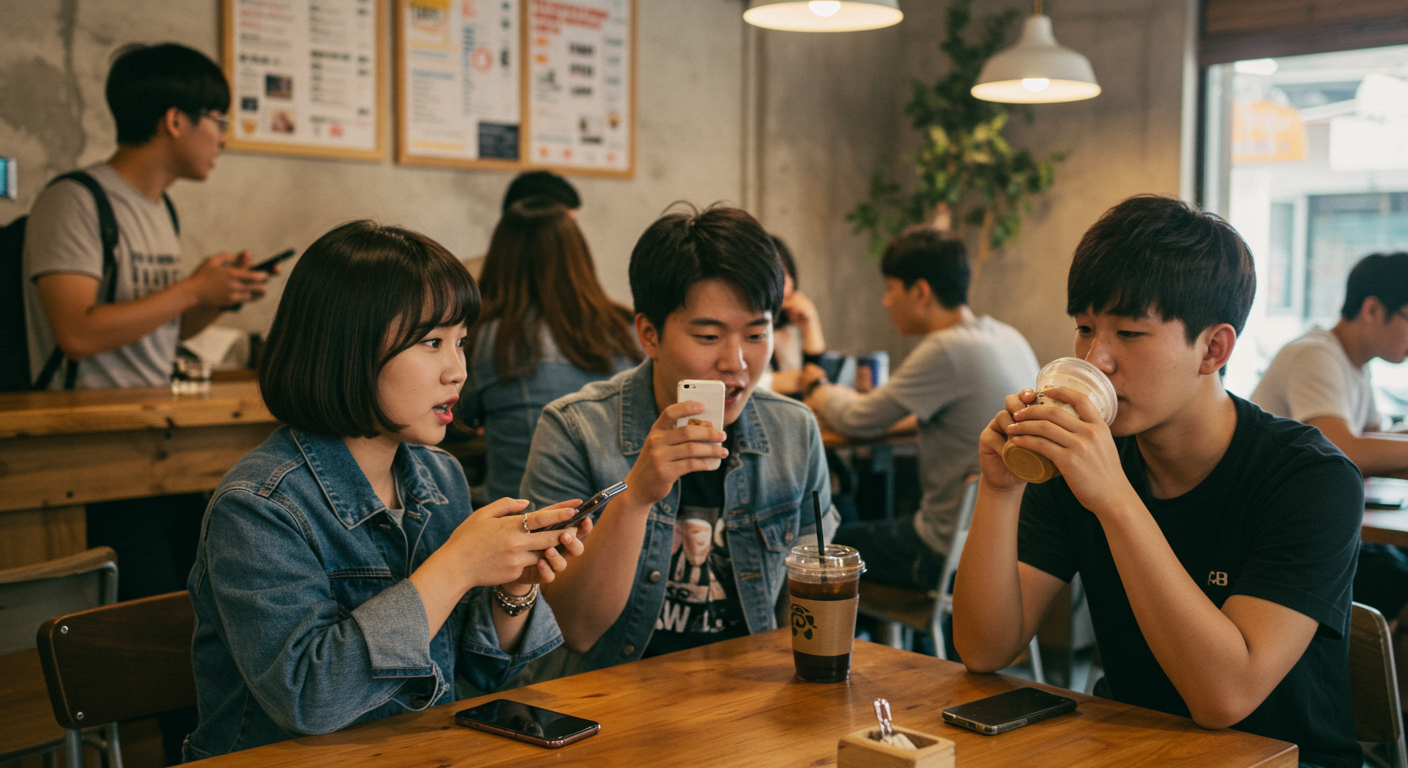 카페에서 다양한 소셜 미디어 앱을 사용하는 젊은 성인들