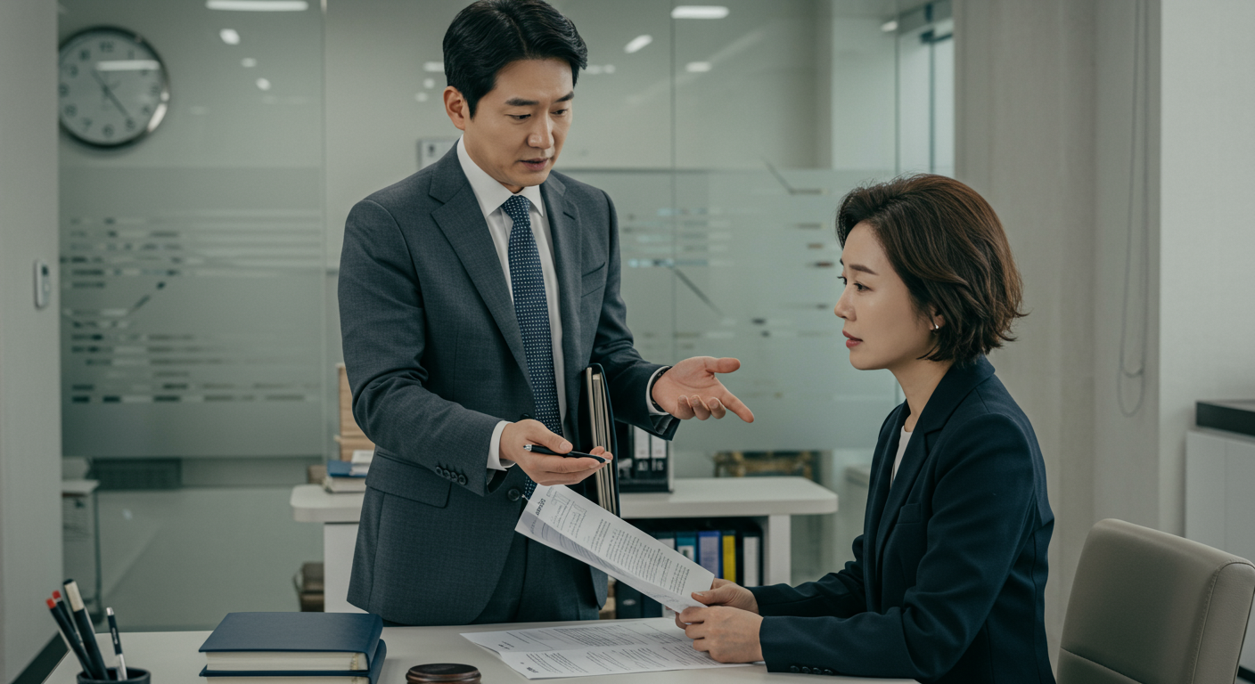 변호사가 고객에게 법적 문서를 설명하는 모습