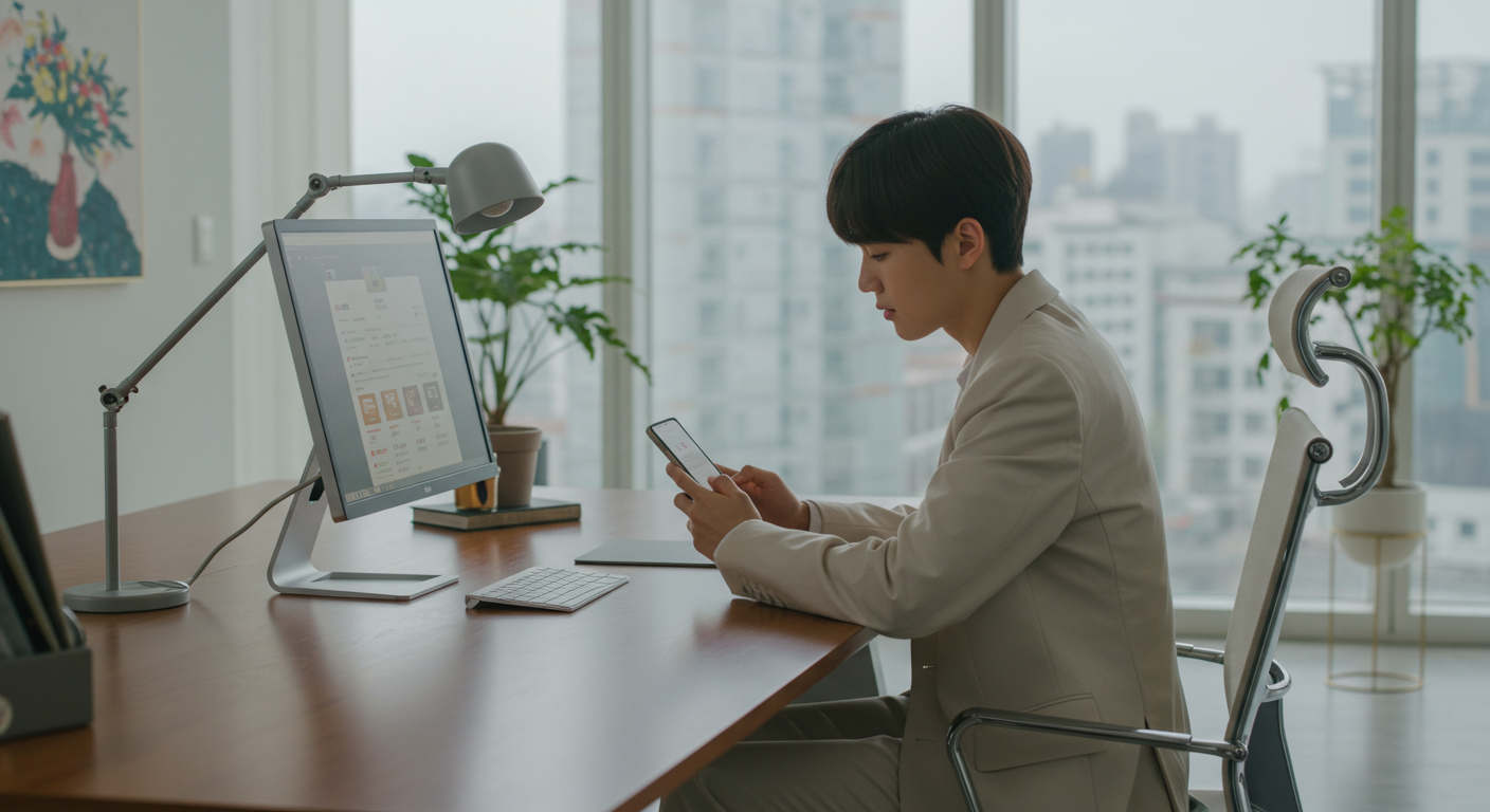 현대적인 사무실에서 스마트폰으로 디지털 상품권을 신청하는 모습