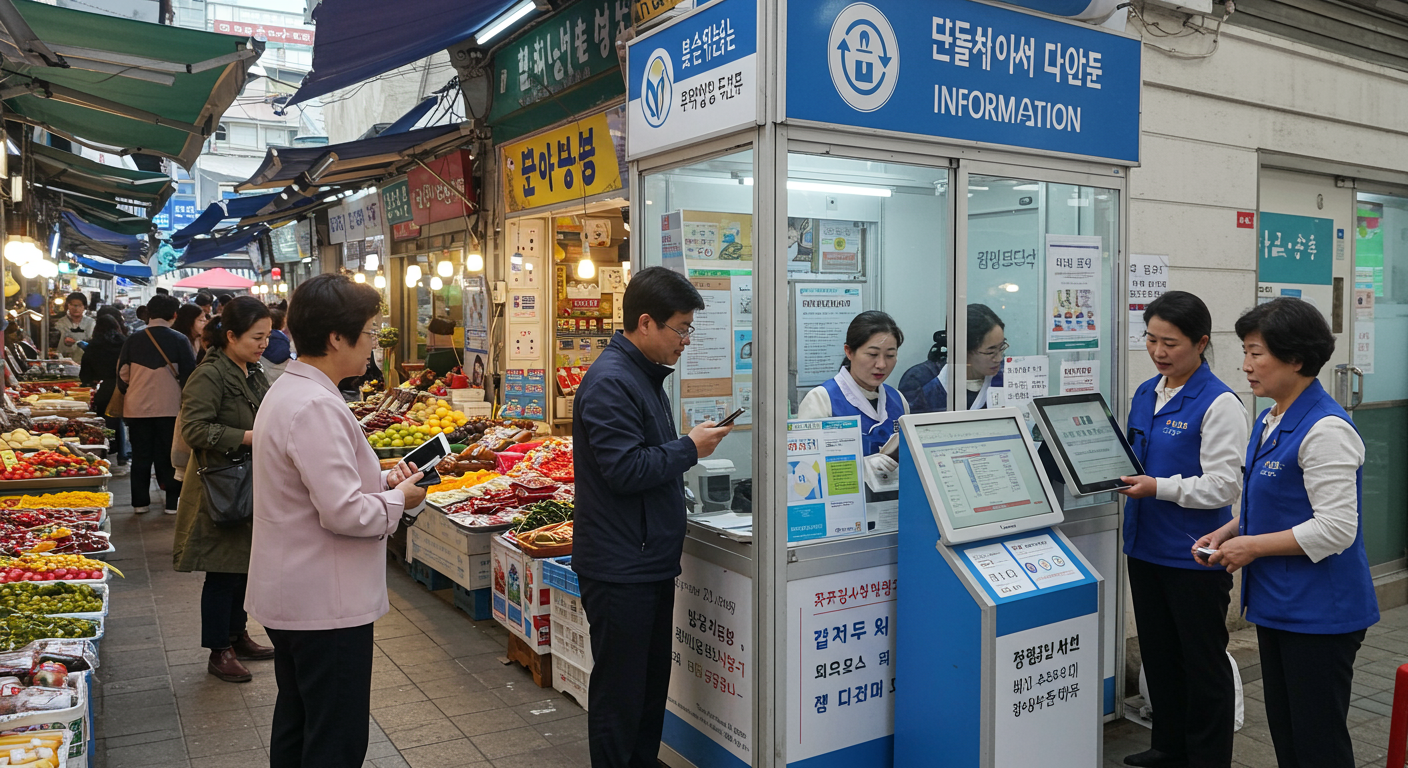 전통시장 부스에서 디지털 기기로 혜택을 신청하는 고객과 상인의 바쁜 장면
