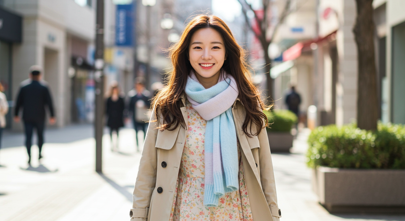 파스텔톤의 봄옷과 트렌치코트를 입고 산책하는 여성