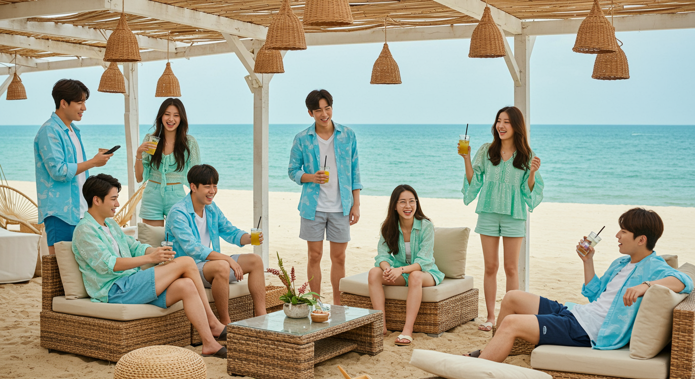 리조트 스타일의 밝은 색상 옷을 입고 해변 카페에서 휴식을 취하는 젊은이들