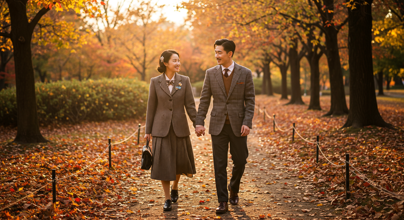 체크 자켓과 가죽 신발로 빈티지 무드를 연출하며 공원을 걷는 커플