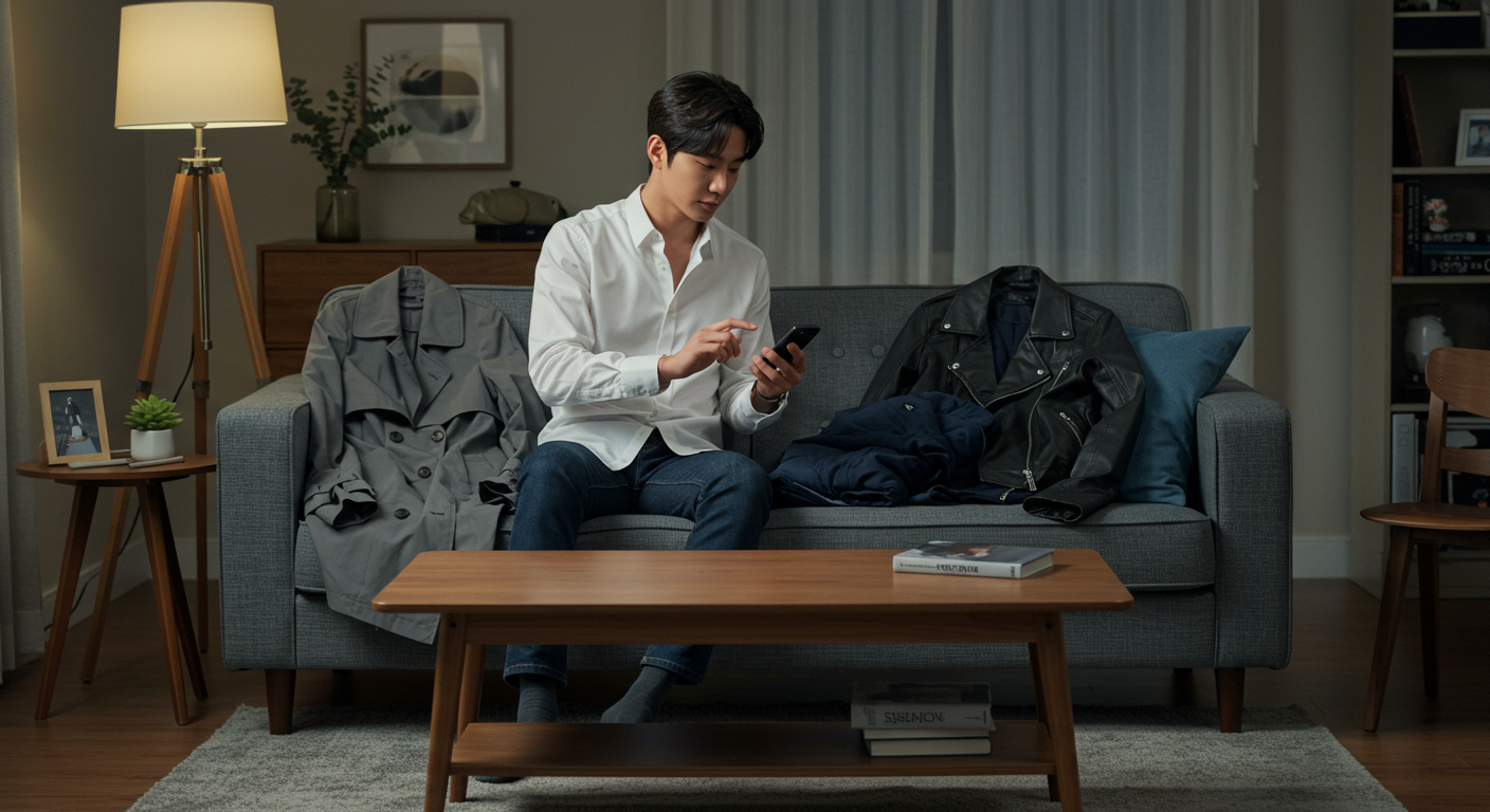 스마트폰으로 일기예보를 확인하며 외출복을 준비하는 젊은 직장인의 모습
