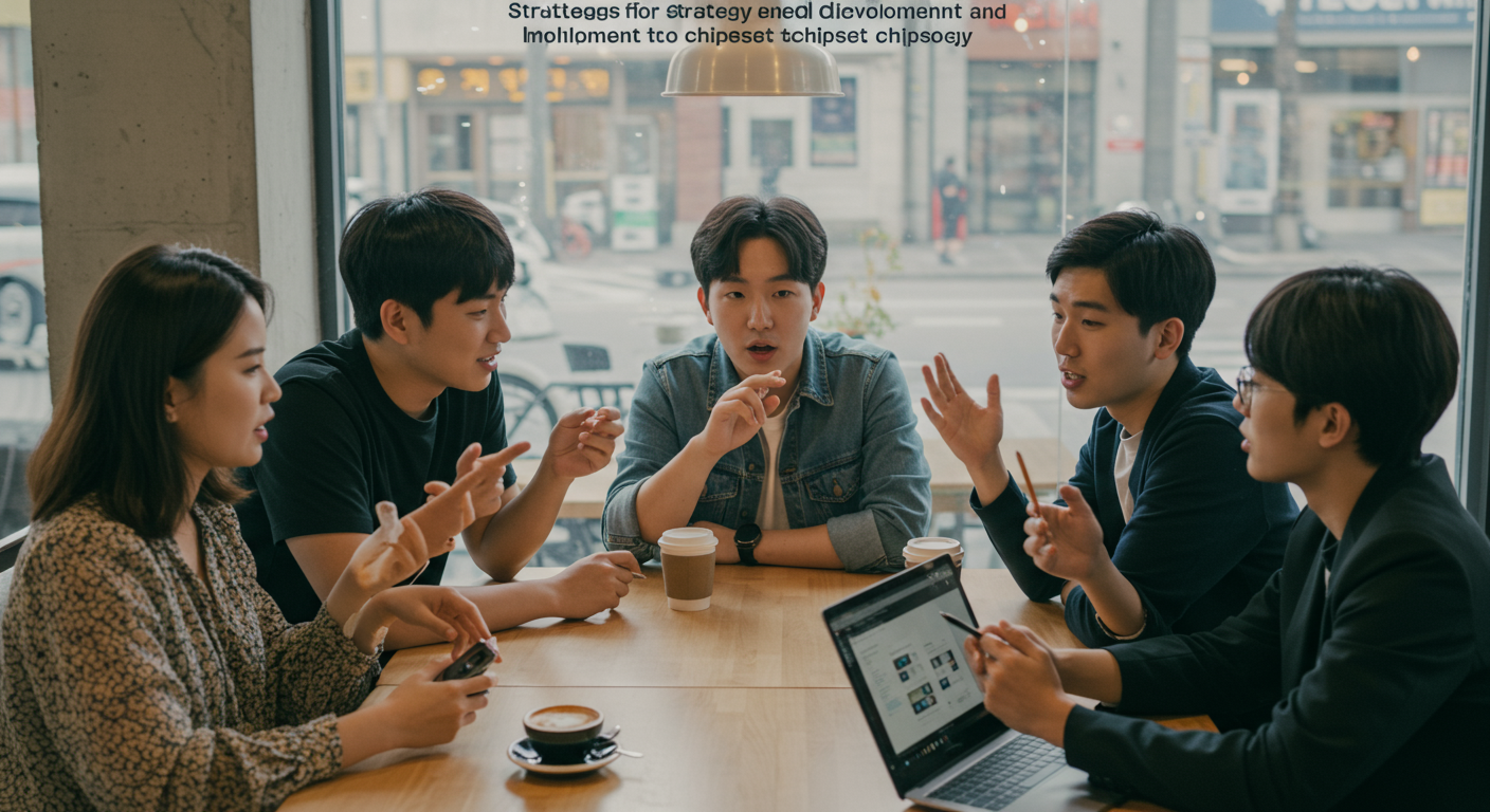 서울 카페에서 지역별 칩셋 전략에 대해 토론하는 젊은 한국인들
