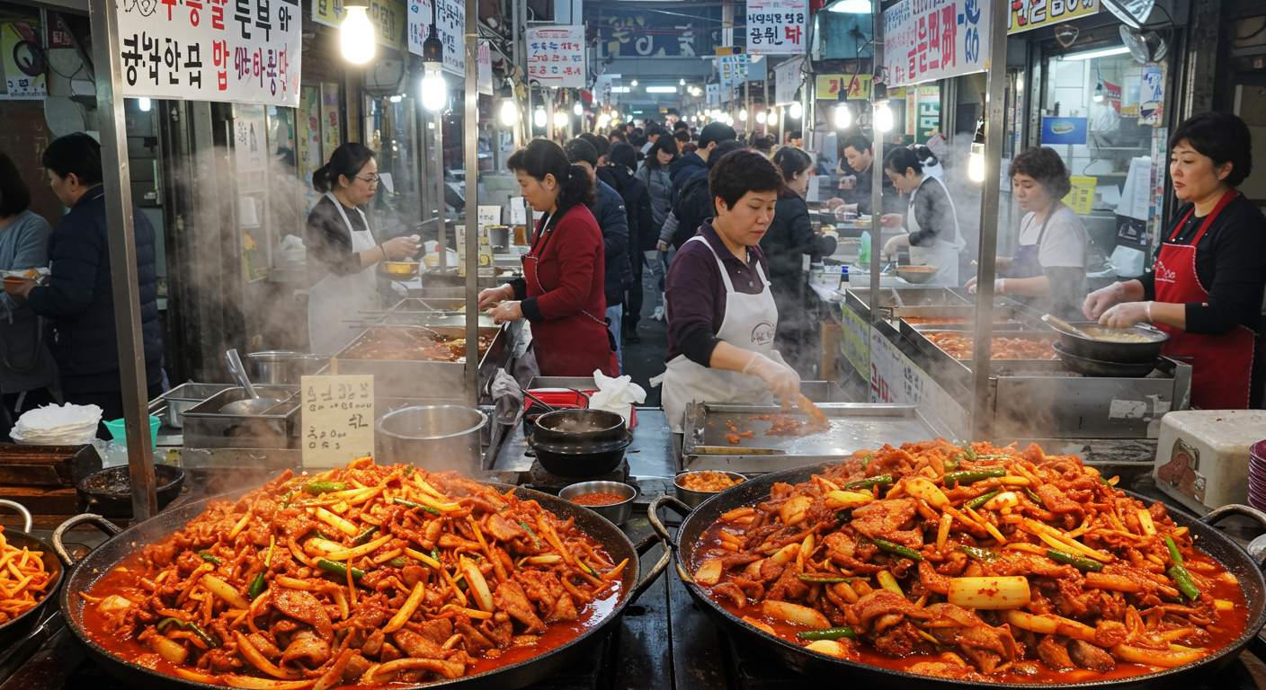 바쁜 도심의 한국 거리 음식 시장에서 다양한 고객에게 제육볶음을 판매하는 모습