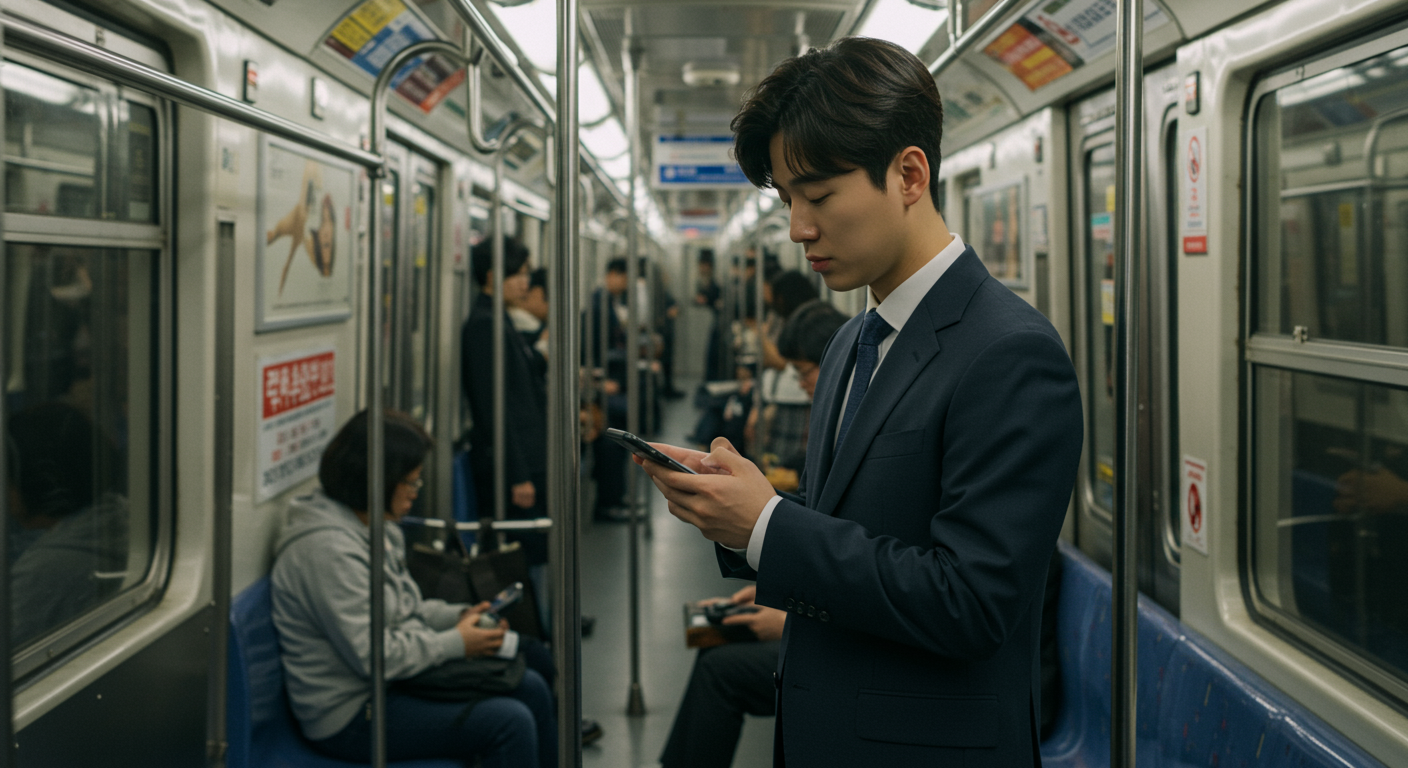 지하철에서 스마트폰으로 매일미사 콘텐츠를 보는 직장인