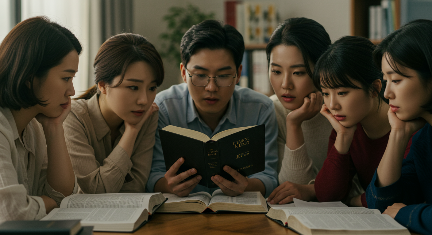 현대 한국인들이 마태복음 2장을 읽으며 예수님의 정체성을 토론하는 장면