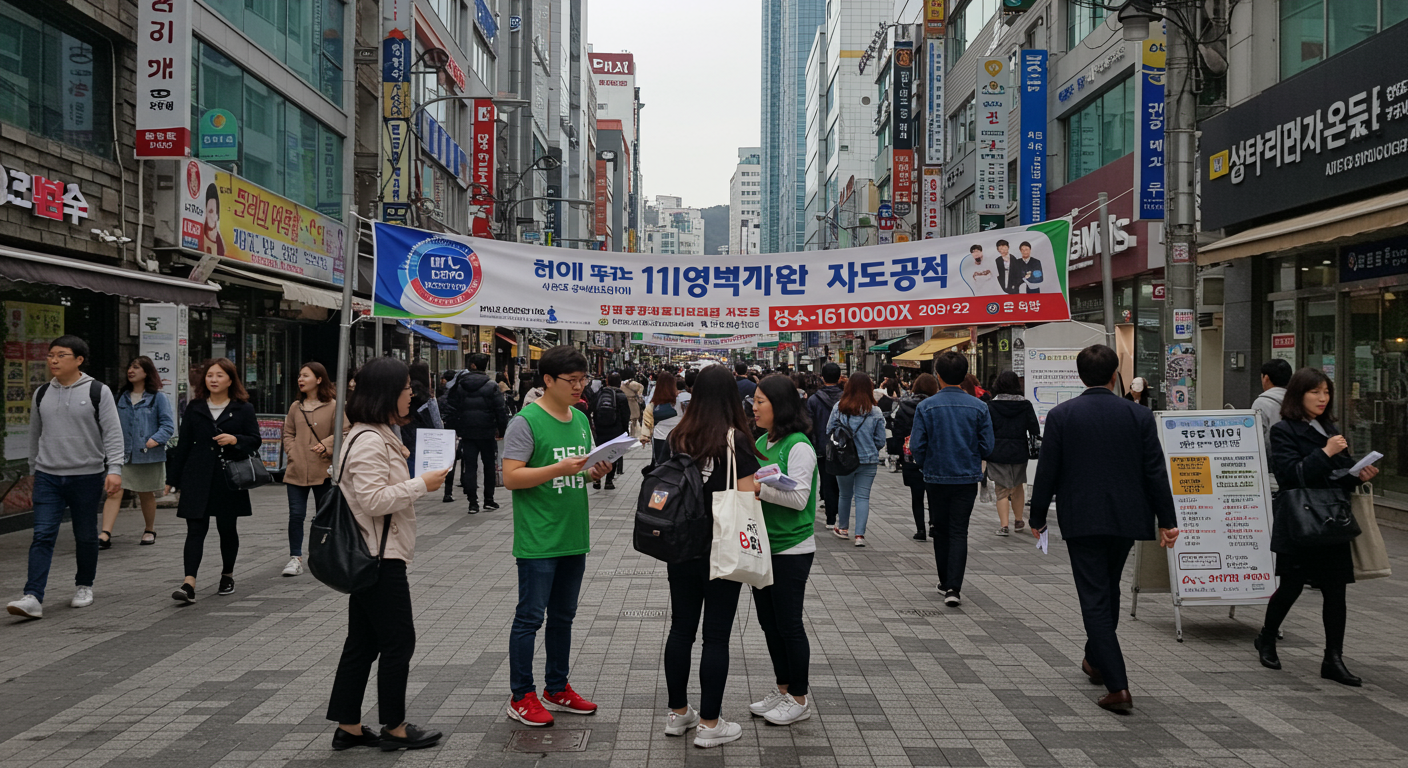 부산 거리에서 성경 세미나 홍보하는 배너와 사람들 모습