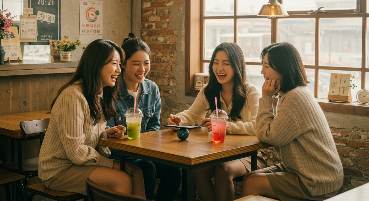 카페에서 친구들이 모여 밸런스게임을 즐기며 토론하는 장면