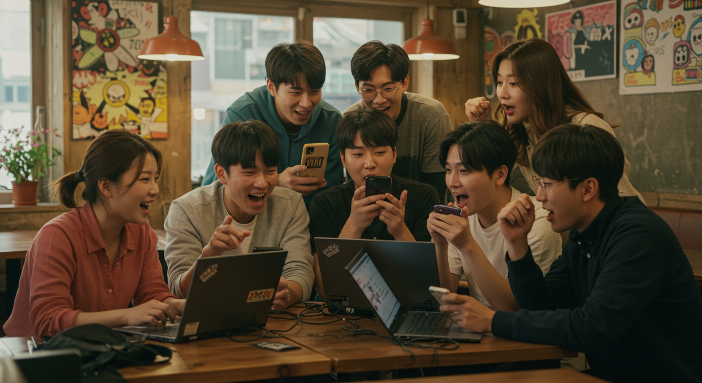 젊은 사람들이 카페에서 노트북과 휴대전화로 게임 전략과 쿠폰 코드를 공유하는 장면