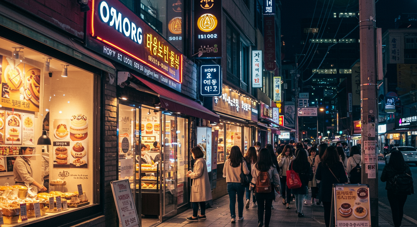 밤에 네온사인이 빛나는 유명한 한국 베이커리 외관과 입장하는 사람들