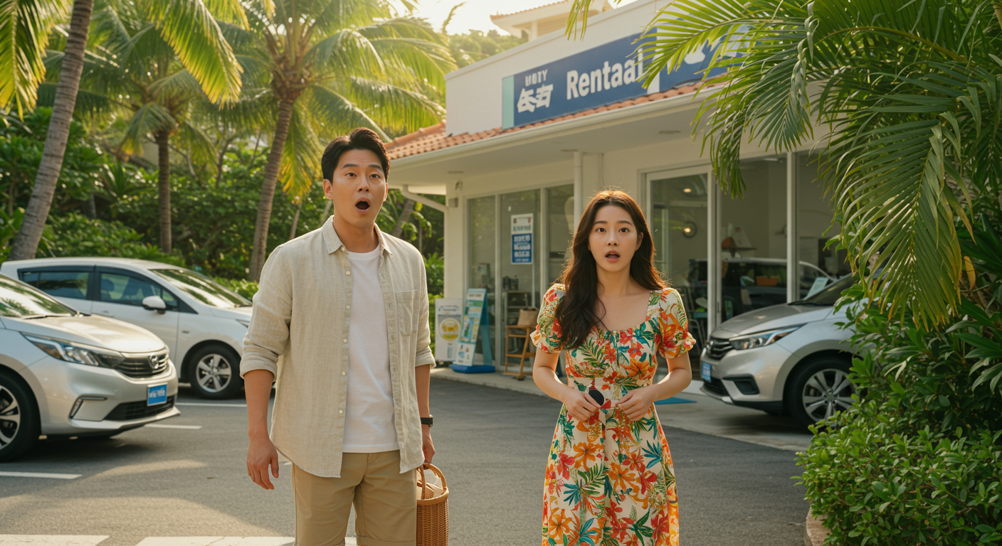 오키나와 렌터카 샵에서 우연히 만난 남녀 주인공의 놀란 모습