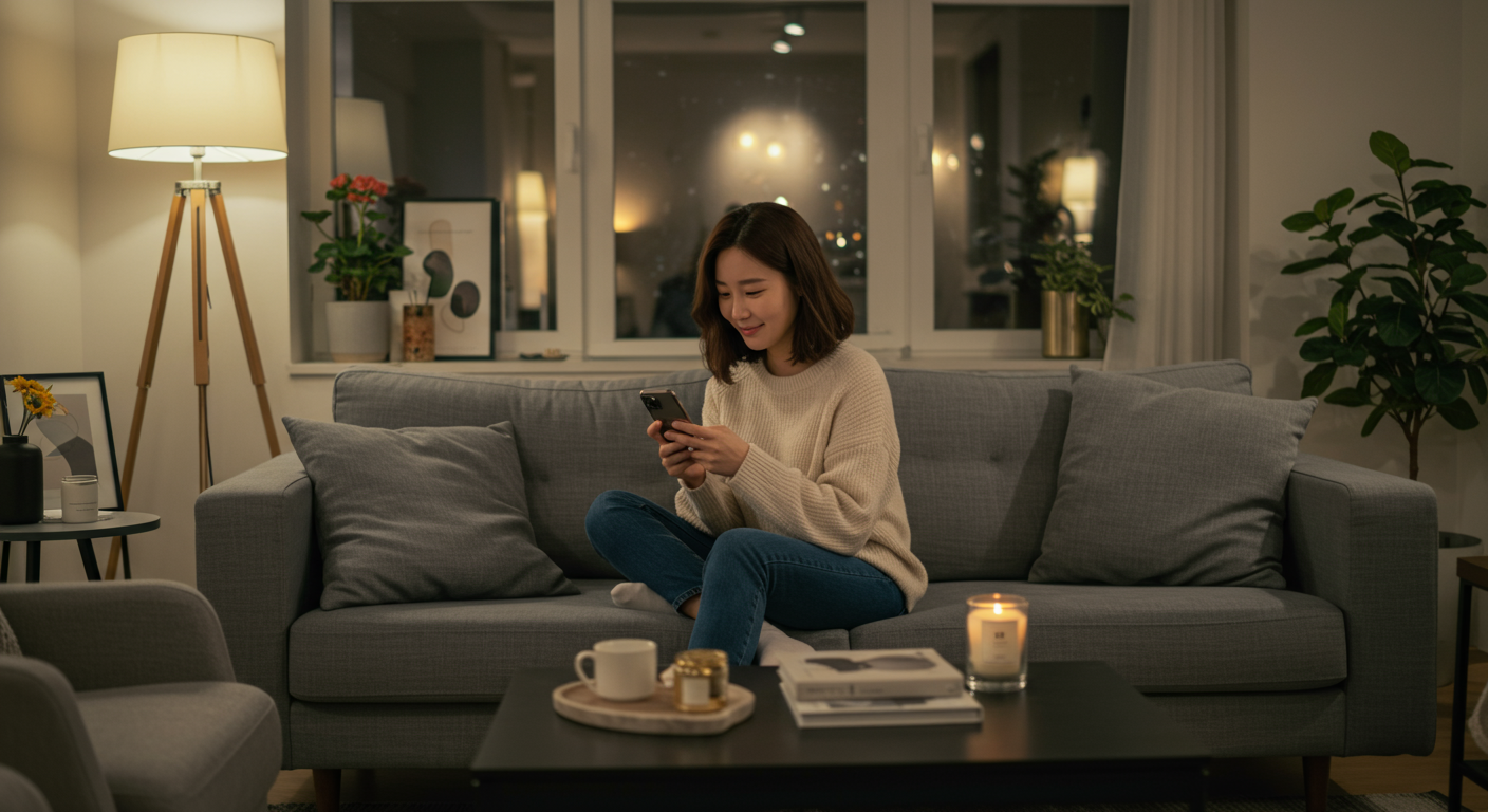 젊은 여성이 거실에서 스마트폰으로 인스타그램을 보고 있는 모습
