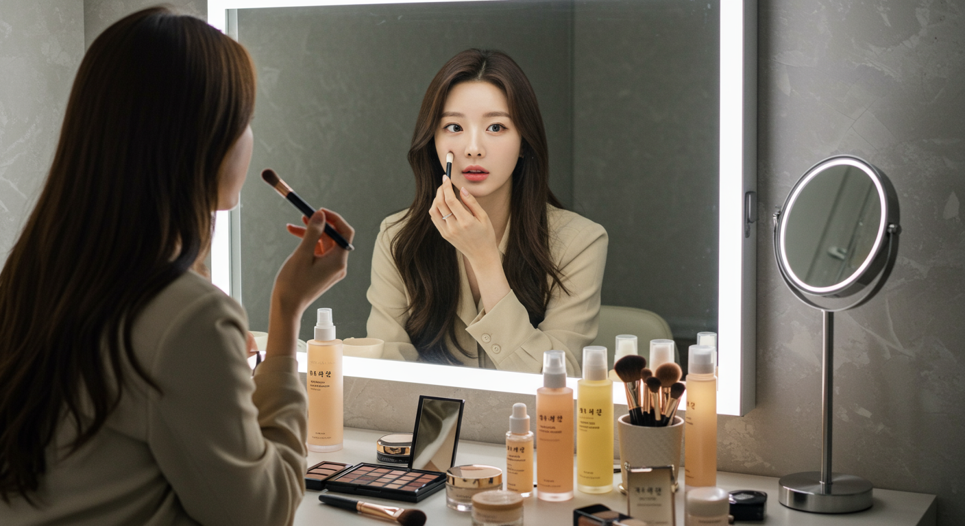 화장대 앞에서 메이크업을 하는 스타일리시한 여성