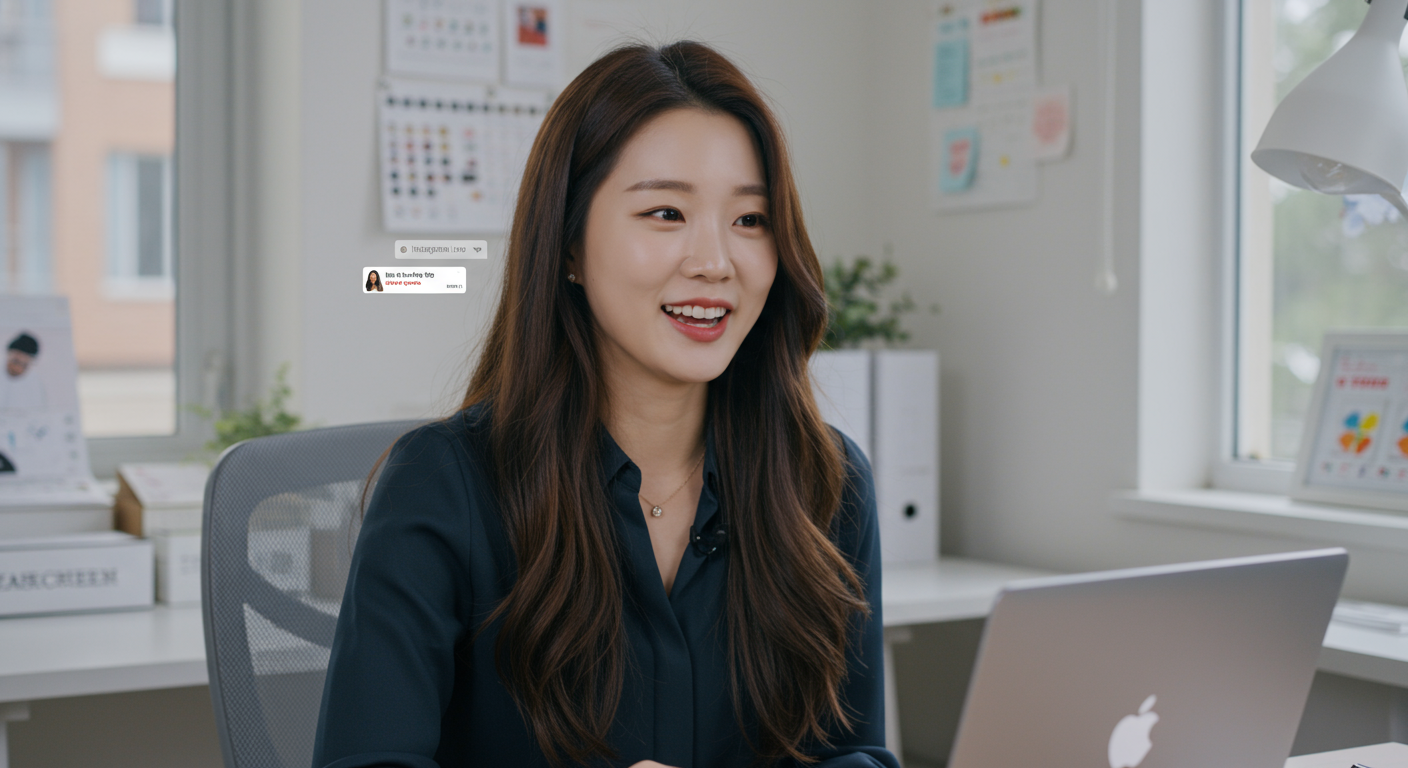 홈 오피스에서 인스타 라이브로 팬들과 Q&A 세션을 진행하는 여성