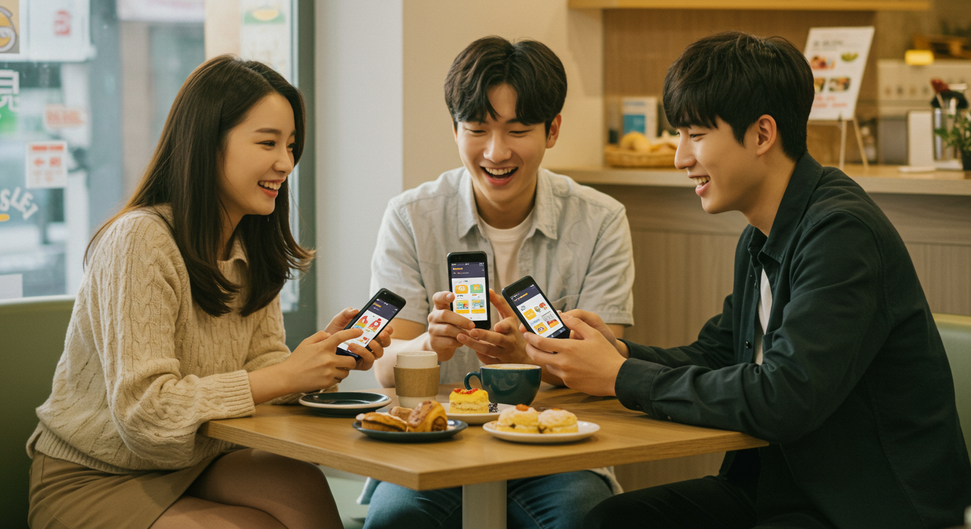 커피숍에서 스마트폰으로 자신만의 카카오톡 테마를 공유하며 이야기하는 젊은 한국 성인들의 모습