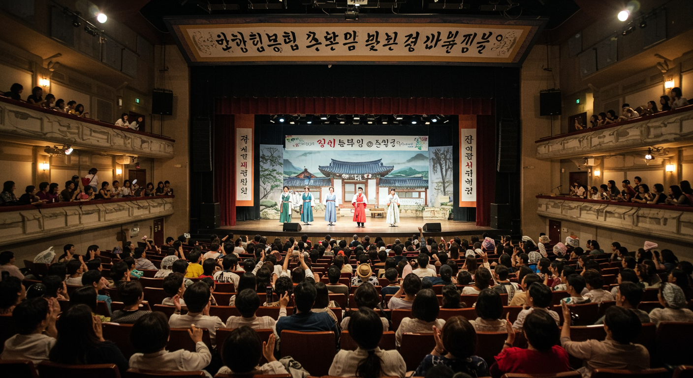 극장에서 열정적으로 공연을 즐기는 관객들, 지역적 색채가 더해진 배경
