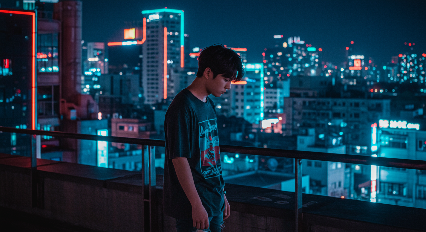 도시 배경에서 현대 사회의 자아 정체성을 고민하는 젊은이