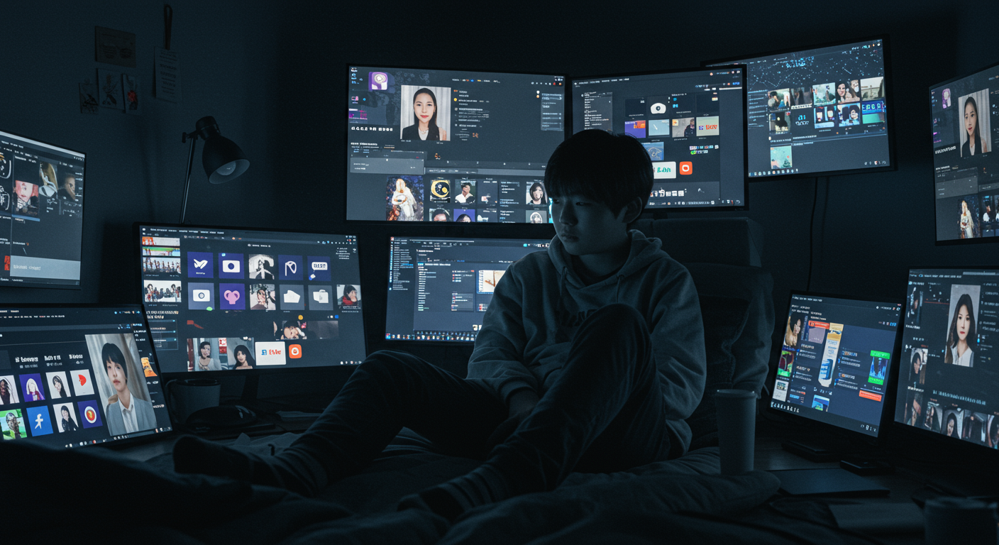 소셜 미디어 아이콘으로 가득한 방에서 정체성 혼란을 겪고 있는 한국 십대