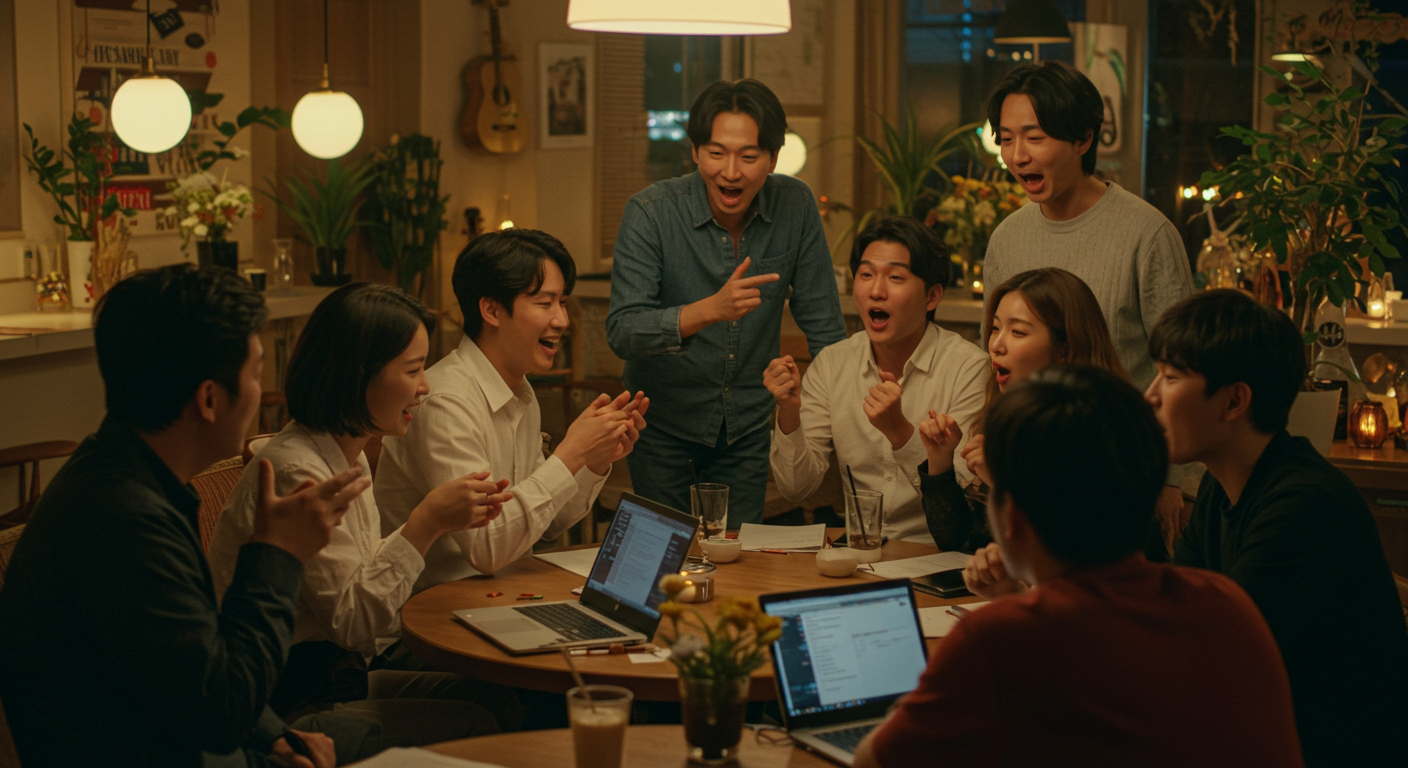 현대적인 카페에서 음악적 협업의 깊은 주제를 토론하는 모습