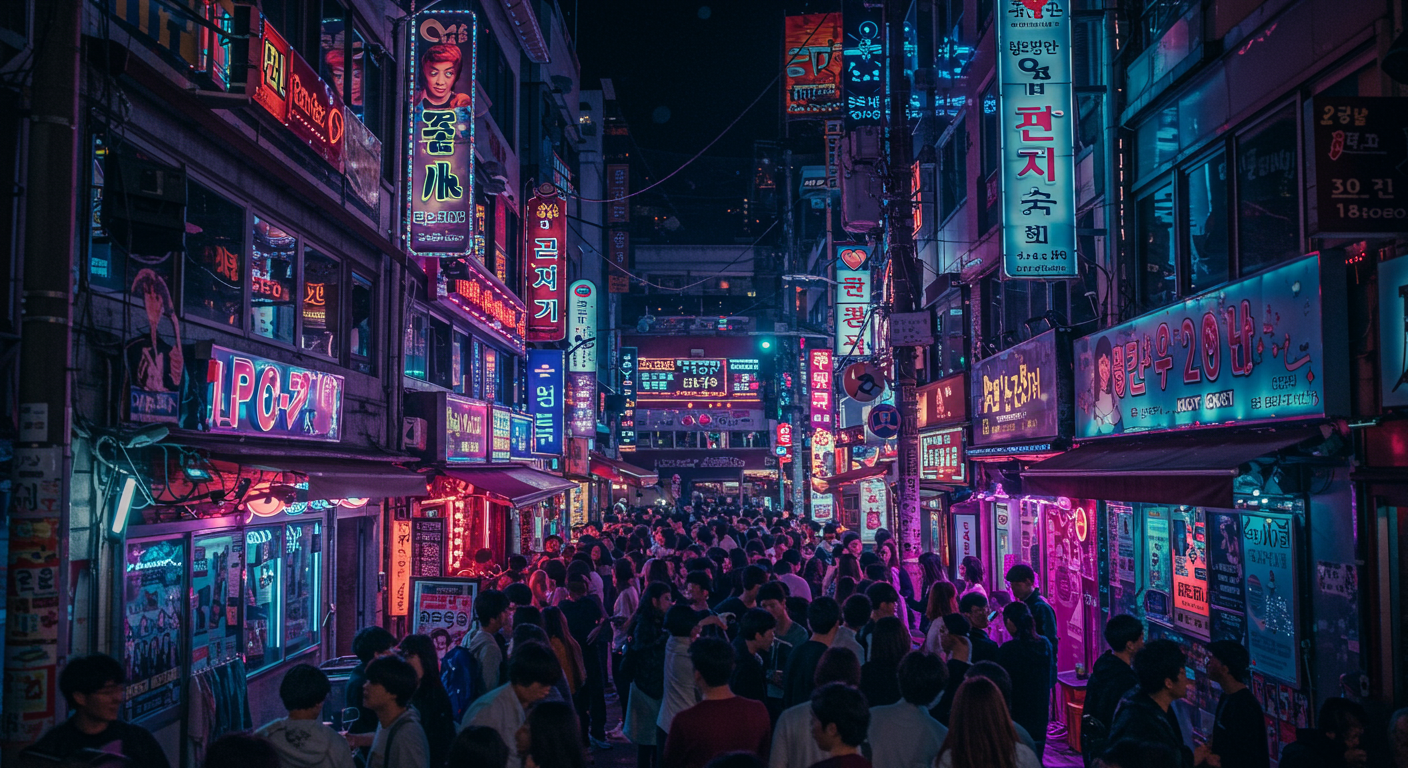 밤에 활기찬 한국 도시 풍경과 네온사인이 비추는 카라오케 바에서 사람들이 음악을 즐기는 모습; J-POP과 K-POP 요소들이 섞인 문화적 장면