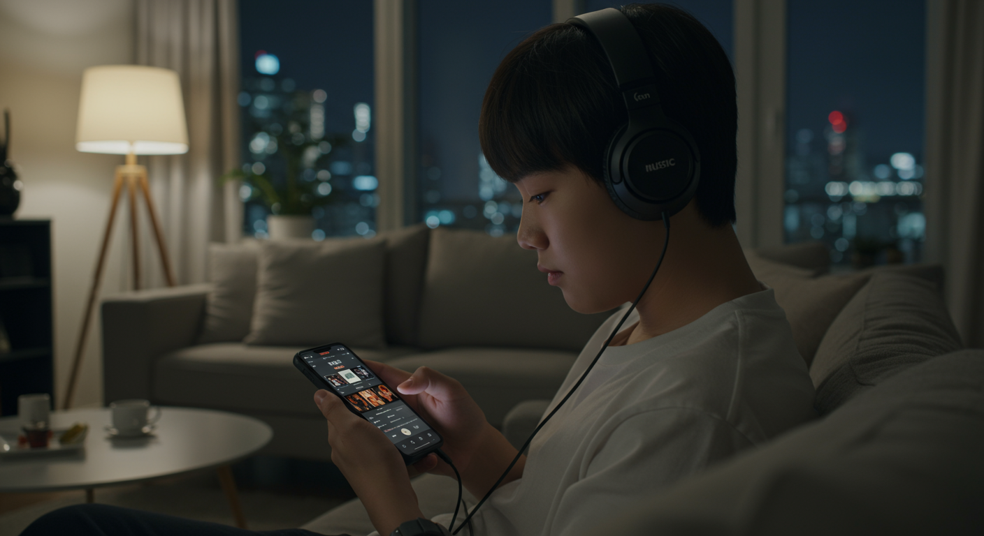 현대적인 거실에서 스마트폰으로 음악 스트리밍 앱을 탐색하는 십대 모습