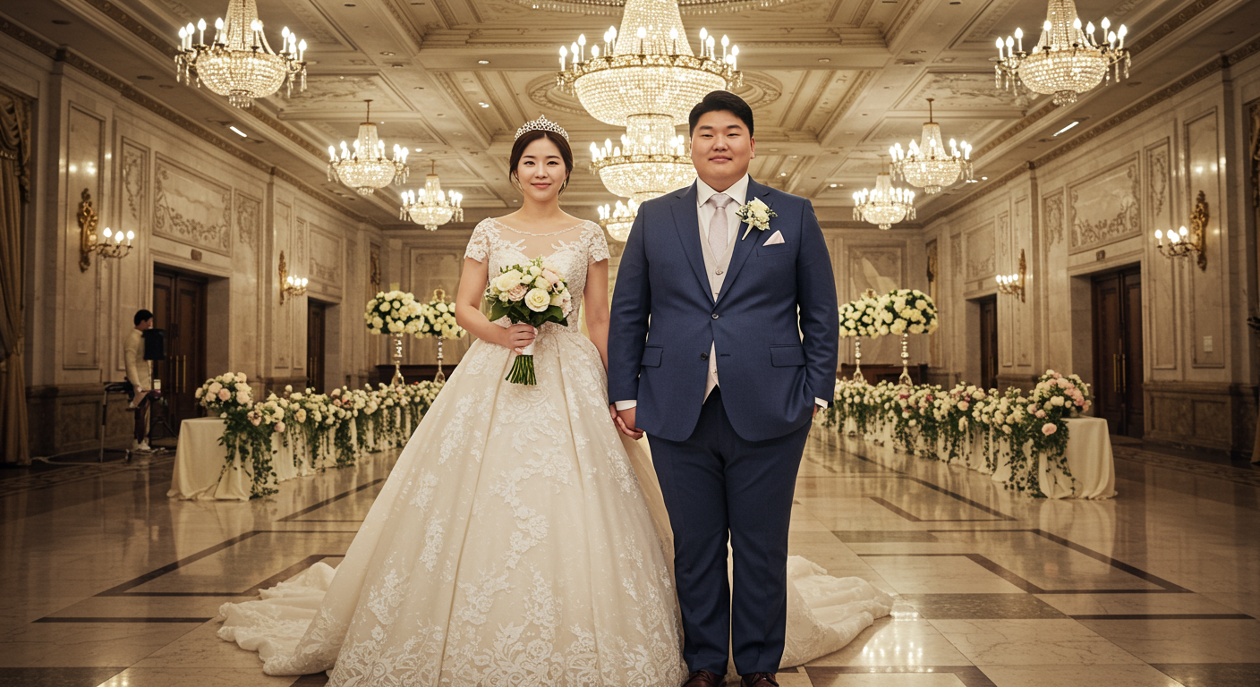 우아한 웨딩드레스를 입은 신부와 체중 감량 후 달라진 신랑의 모습