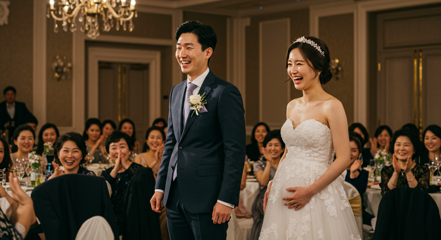 서울에서 열린 피로연 중 깜짝 임신 발표를 하는 커플