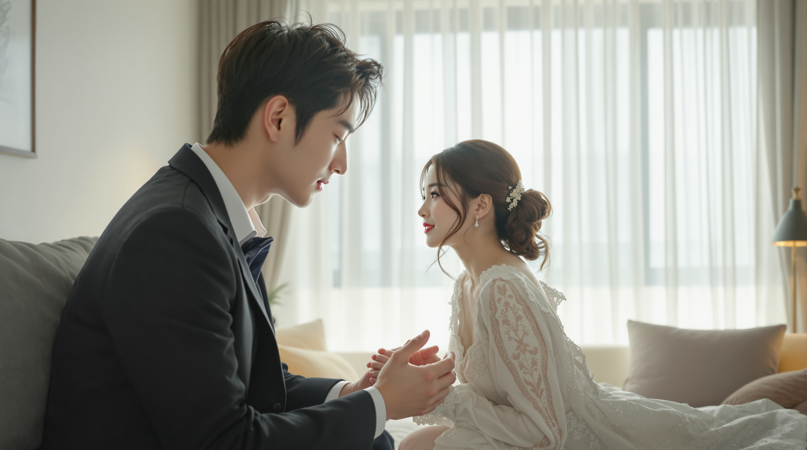 최우식과 정소민이 고급 신혼집 세트에서 로맨틱한 순간을 연출하는 장면