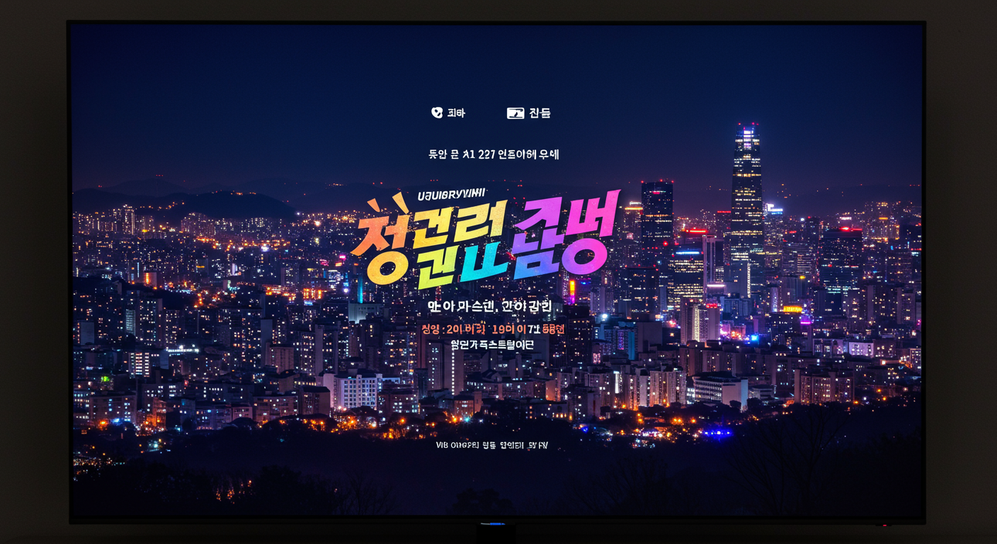 서울의 야경을 배경으로 한 '우주메리미' 타이틀 카드와 방송 일정이 표시된 TV 화면