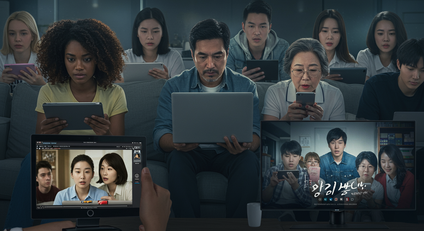 다양한 국가의 사람들이 여러 기기로 한국 드라마를 시청하는 모습