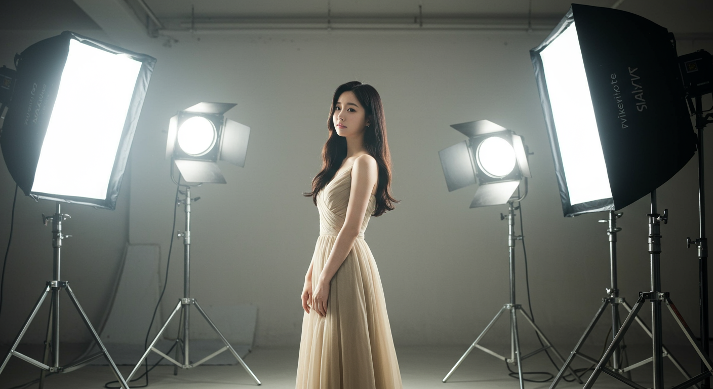 조명 아래 서 있는 젊은 여배우의 우아하고 자신감 있는 모습