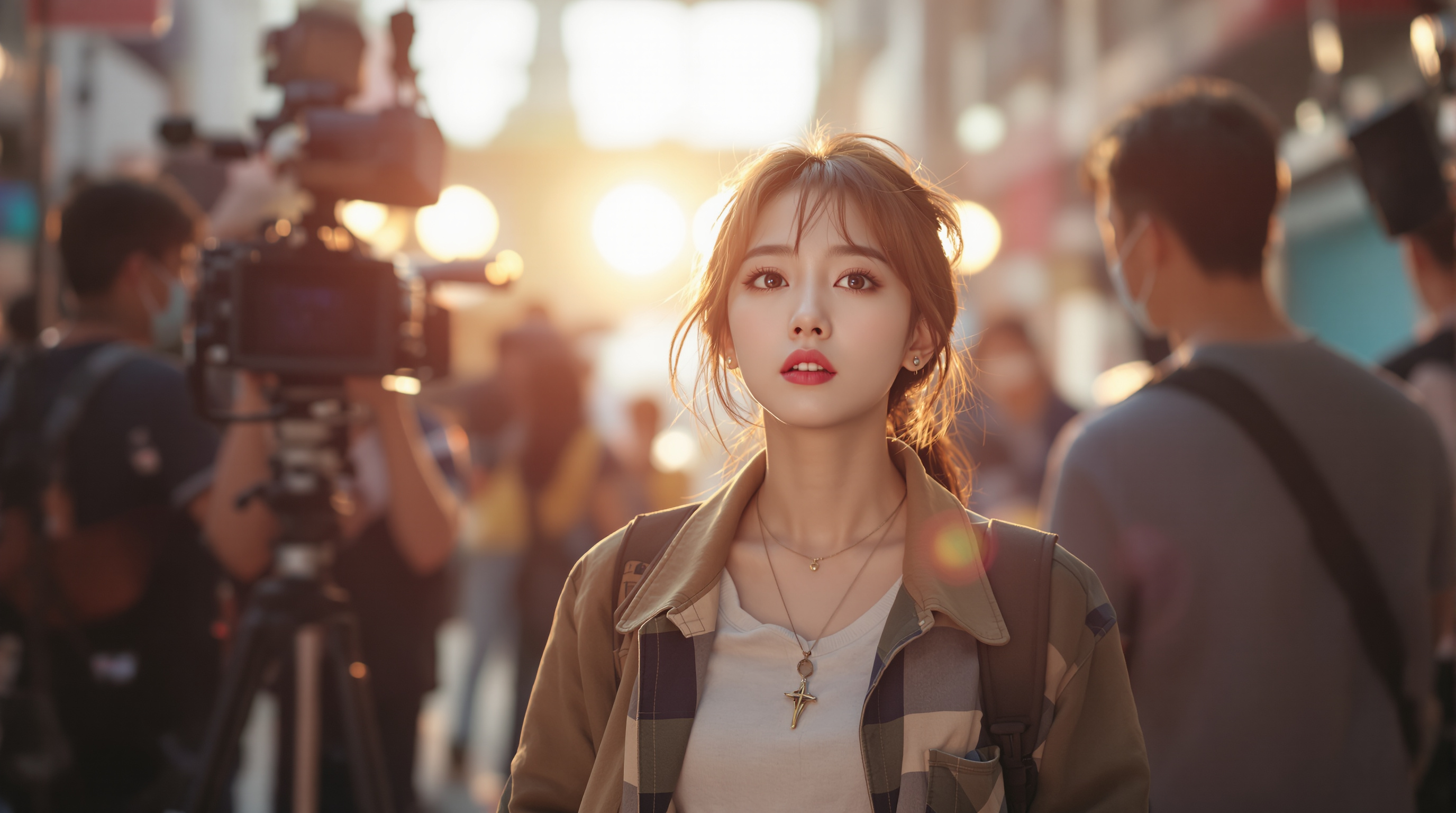 촬영 현장에서 캐주얼 복장을 입고 결연한 눈빛을 보이는 여배우