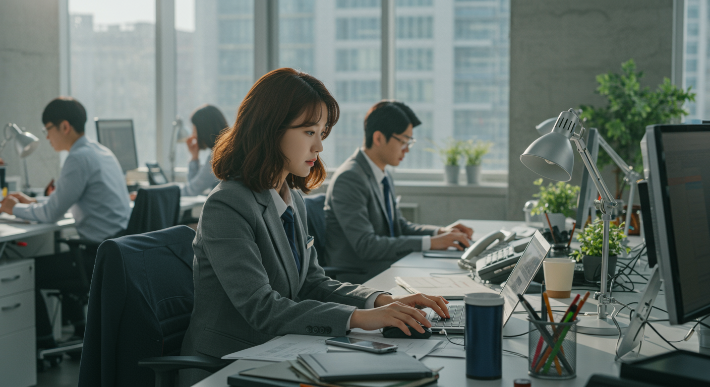현대 사무실 환경에서 책상 앞에 앉아 있는 한국인 인턴