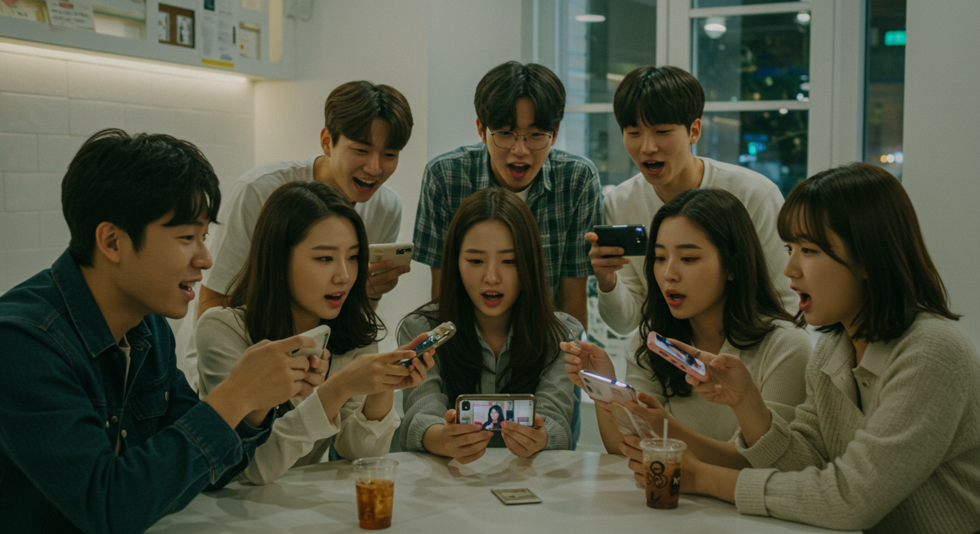 카페에서 여배우에 대해 이야기하는 젊은 팬들의 활기찬 모습