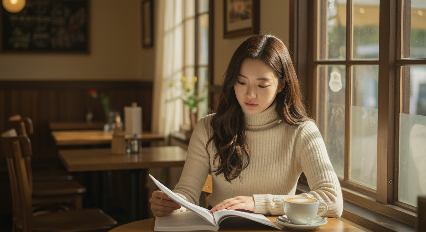 아늑한 카페에서 대본에 집중하는 젊은 여배우의 진지한 모습