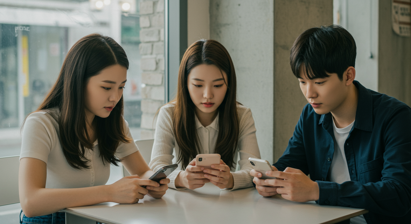 카페에서 스마트폰으로 온라인 예약하는 젊은이들