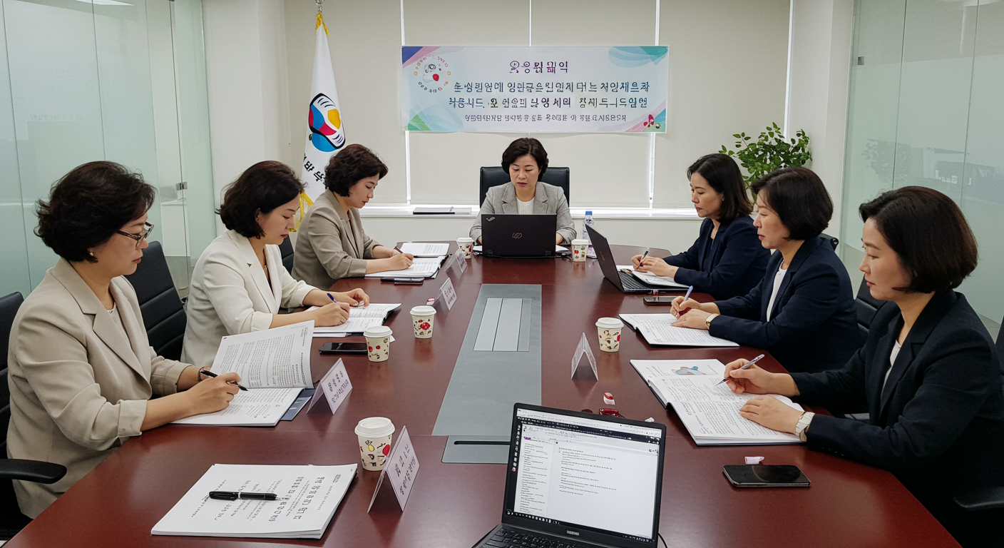 다양한 연령대와 배경의 여성들이 현대적 사무실에서 여성 건강 지원에 대해 토론하는 모습